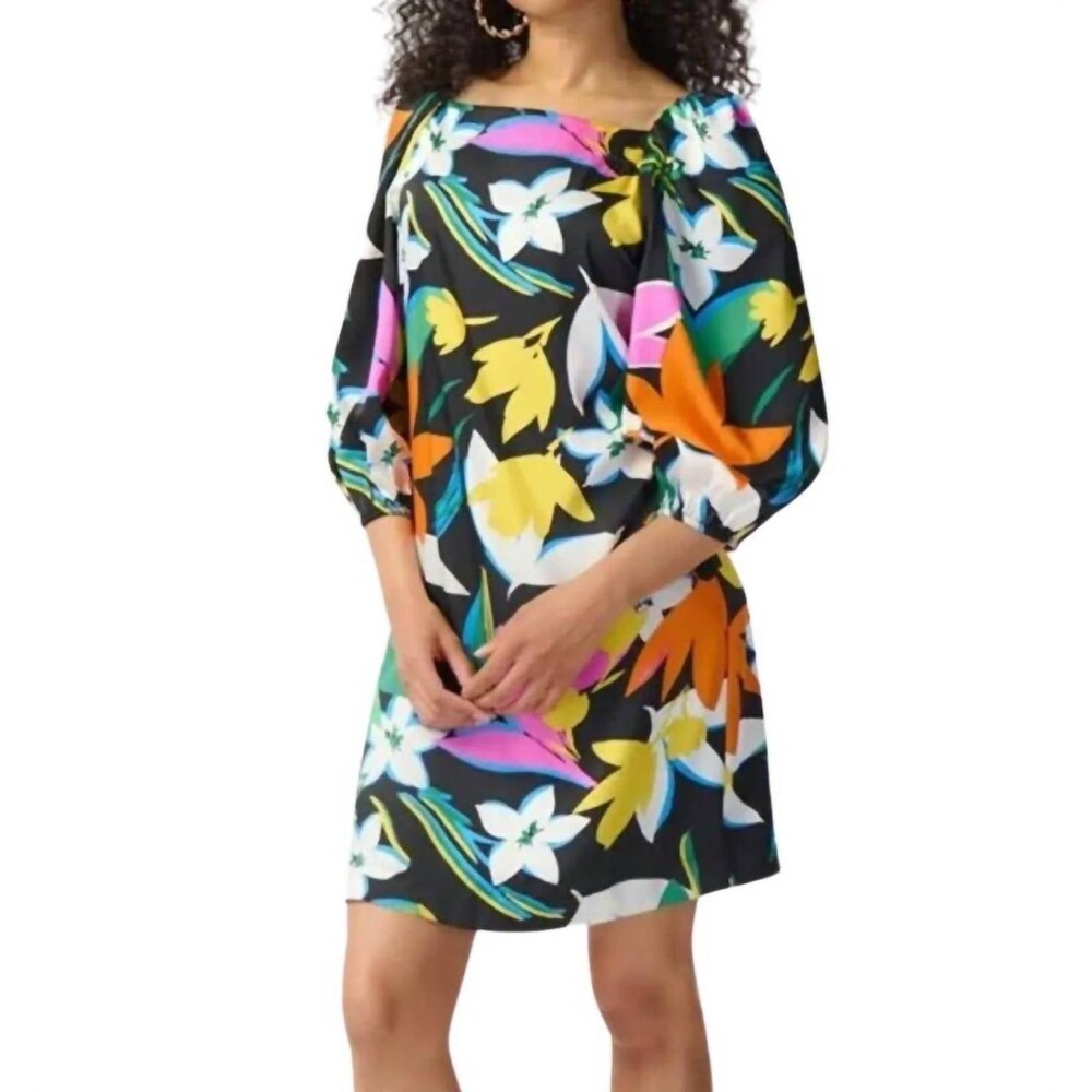 Joseph Ribkoff NWT Floral Print Satin Mini Scarf Dress Puff Sleeve Square Neck
